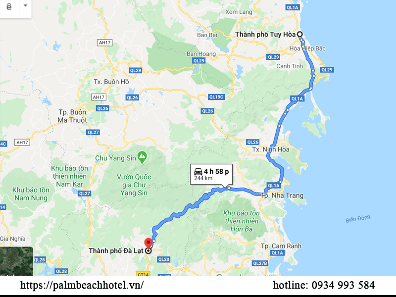 How many kilometers from Phu Yen to Da Lat?